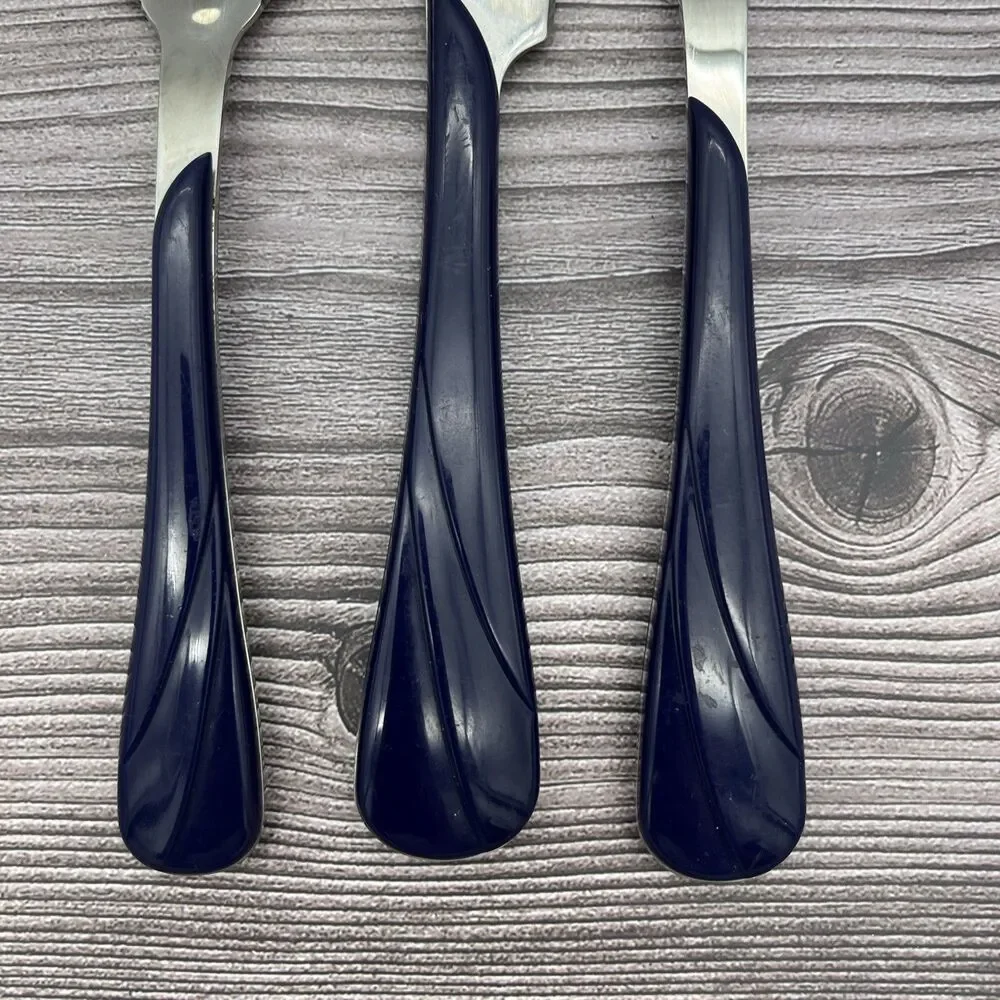Fiesta Swirl Flatware Silverware 3 Piece Set Stainless 1990s - Blue Dark Navy